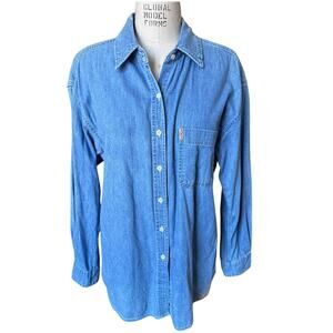 Vintage 90s Express Chambray Denim Button Down Women's Shirt Size Large